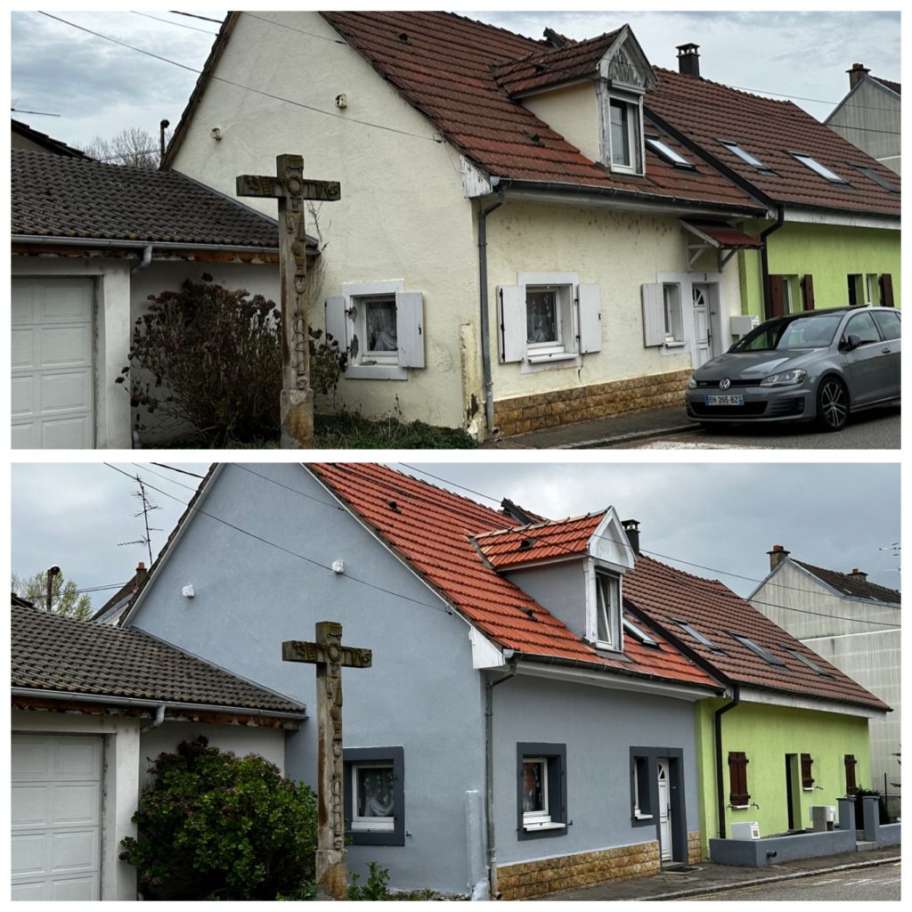 Ravalement de façade avec filet anti-fissures et crépi teinté dans la masse à Ruelisheim, près de Wittenheim